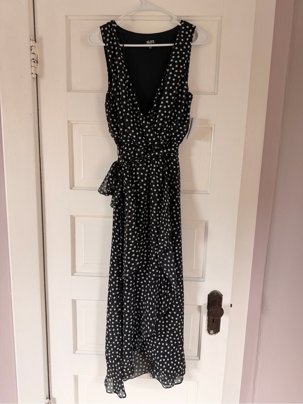 NWT SLNY Women’s Black and White Polka Dot Dress with Waist Tie Size 6